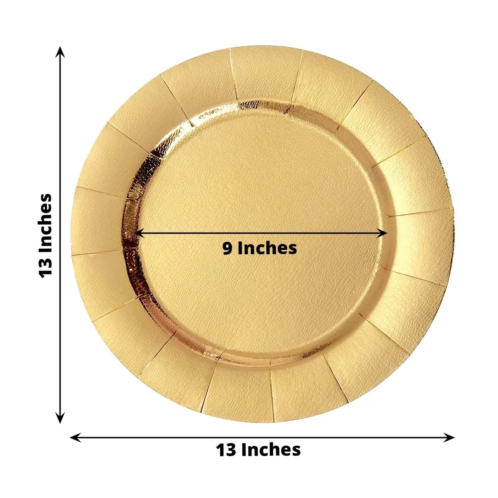 10 Pack Gold Disposable 13" Charger Plates, Cardboard Serving Tray, Round with Leathery Texture - 1100 GSM