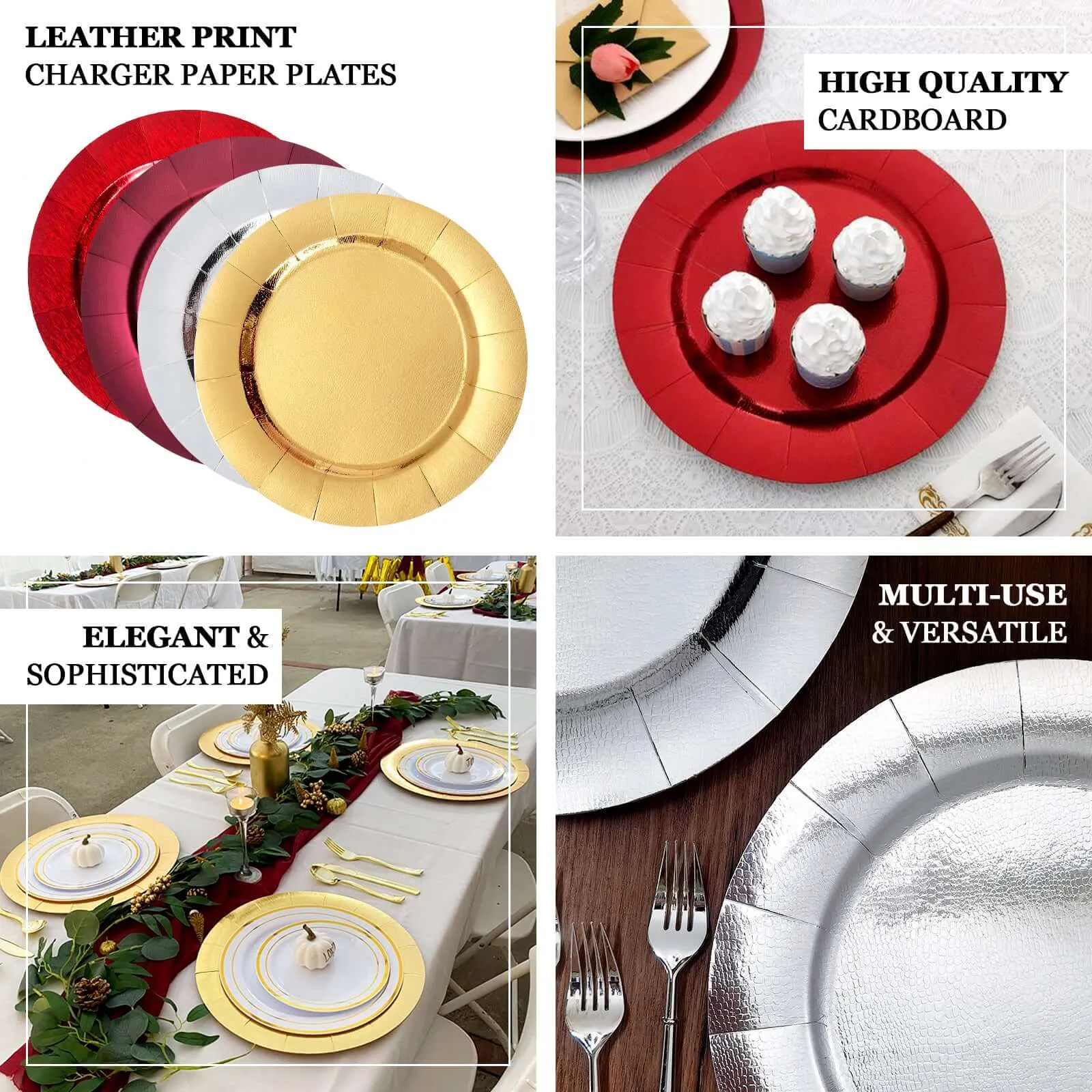 10 Pack Gold Disposable 13" Charger Plates, Cardboard Serving Tray, Round with Leathery Texture - 1100 GSM