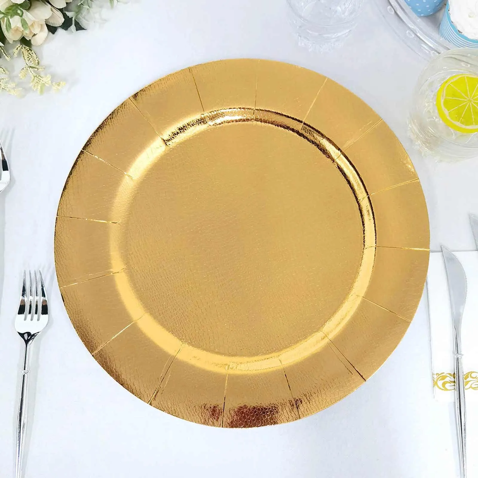 10 Pack Gold Disposable 13" Charger Plates, Cardboard Serving Tray, Round with Leathery Texture - 1100 GSM