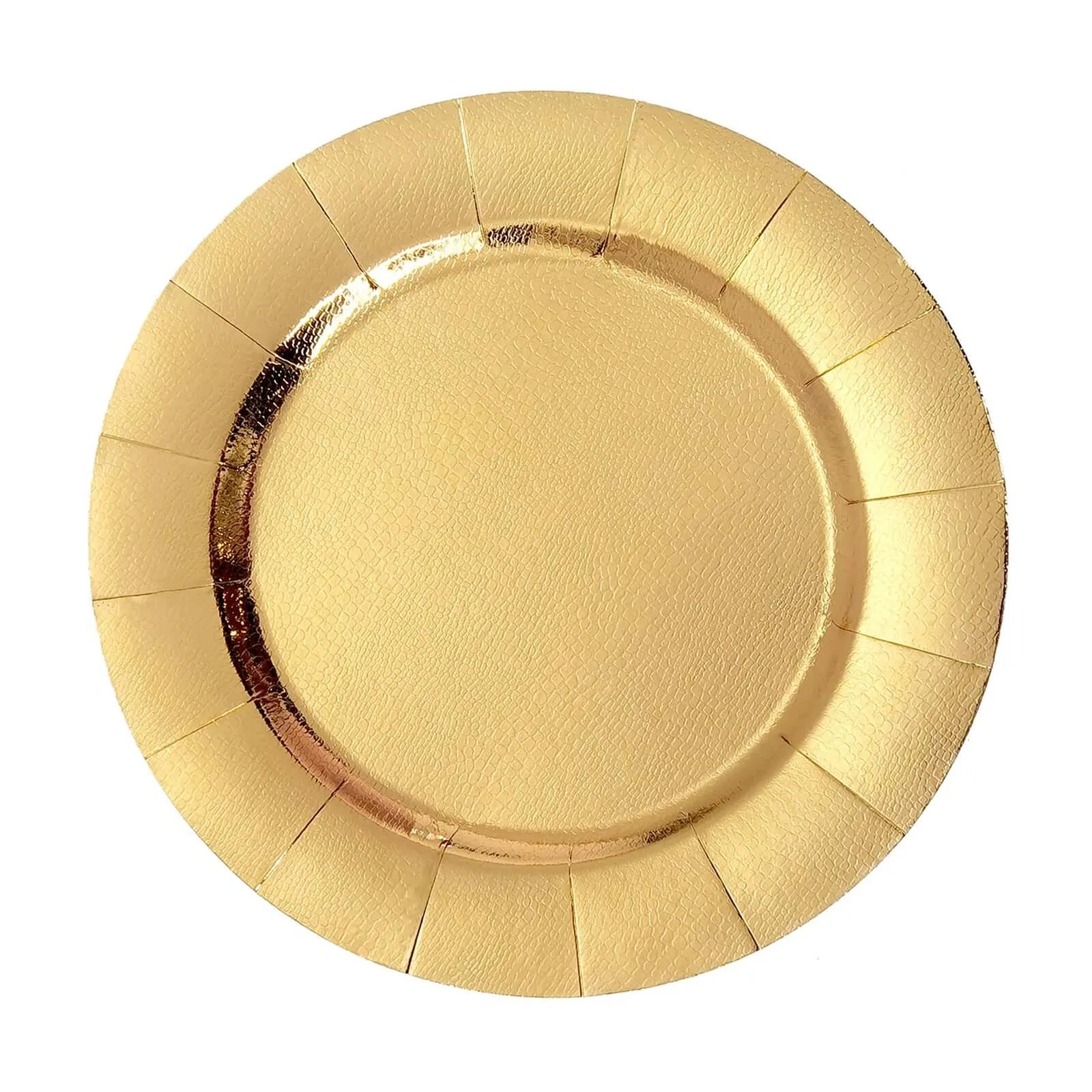 10 Pack Gold Disposable 13" Charger Plates, Cardboard Serving Tray, Round with Leathery Texture - 1100 GSM