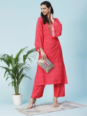 Bandhani Printed Mirror Embroidered Kurta With Pants - Red