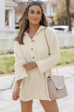 Beige Button Pockets Drawstring Waist Dress