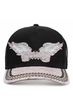 BLK/GREY OSTRICH TRUCKER HAT WITH SILVER EMBELLISHMENT