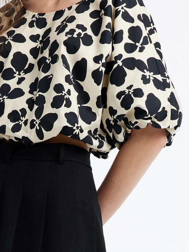 Crop Round Neck Puff Sleeve Blouse