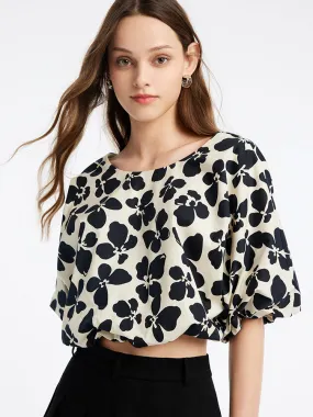 Crop Round Neck Puff Sleeve Blouse