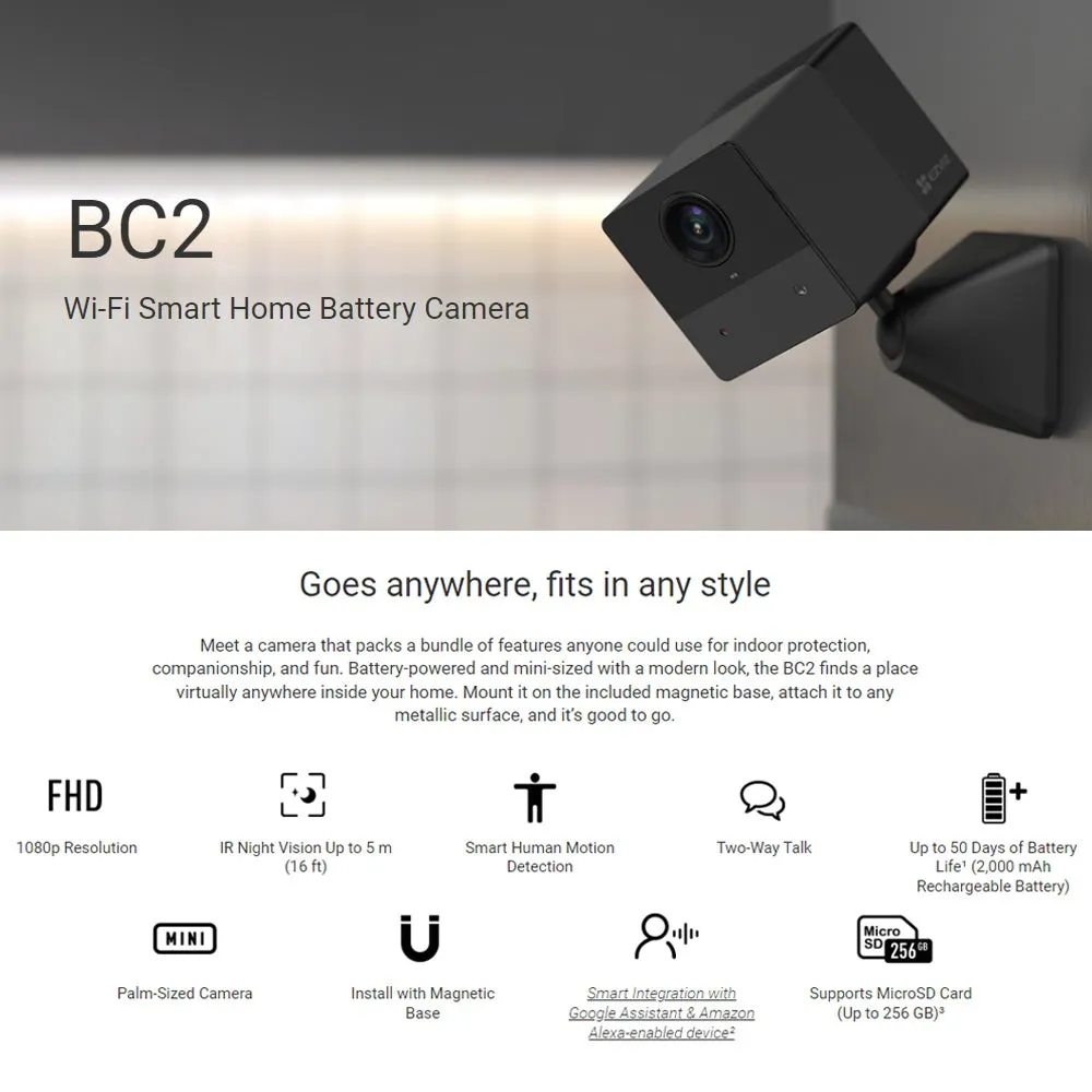 Ezviz BC2 1080P FHD 2MP Indoor Wi-Fi Smart Home Battery Night Vision Two Way Talk Wireless Security IP Camera