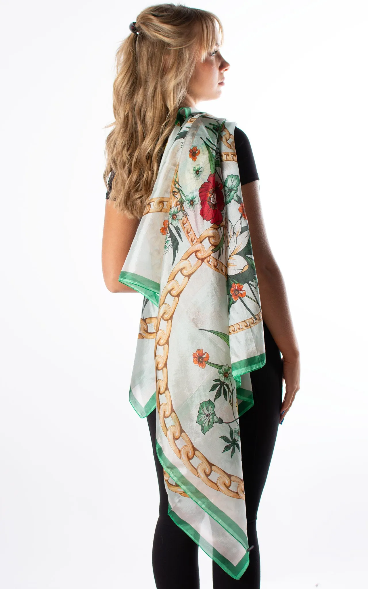 Green Chain & Flowers Silk Scarf