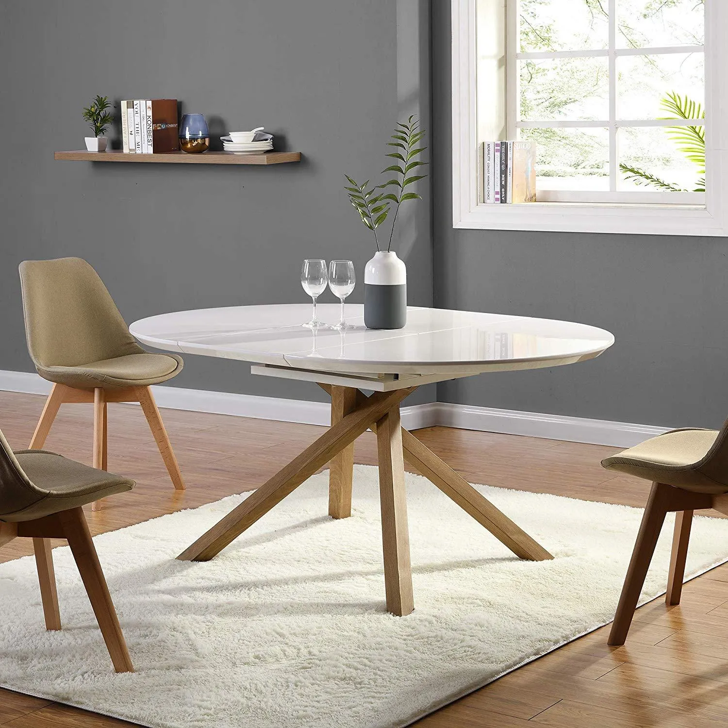 Grenchen Round to Oval 4 to 6-Seater White High Gloss Extendable Dining Table