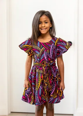 Kadija Girls' African Print Dress (Sunset Leaves)