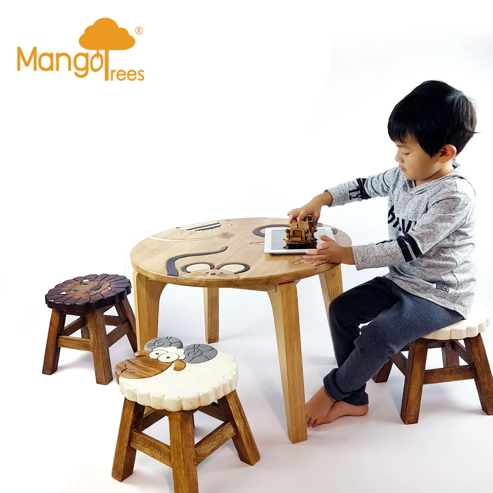 Kids Wooden LION Table   2 animal stools complete set -hand carved Timber Children Furniture.