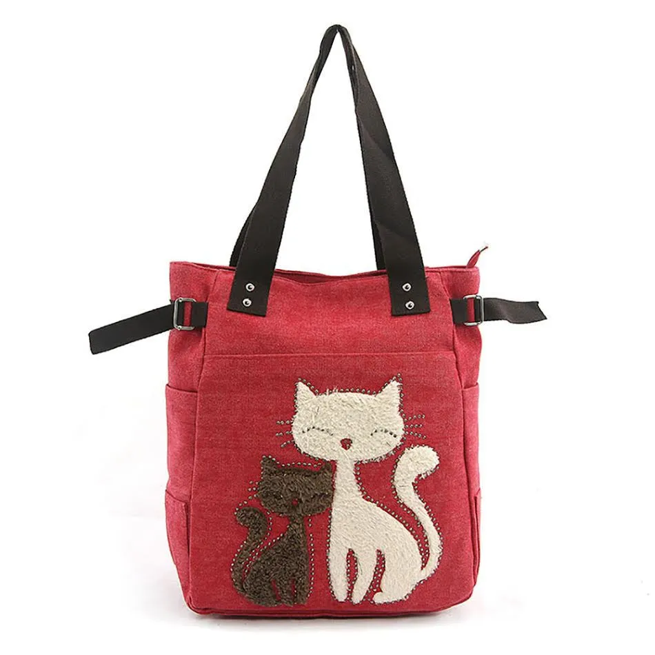 Lovely Cats Vegan Furry Studded Canvas Tote Bag Purse