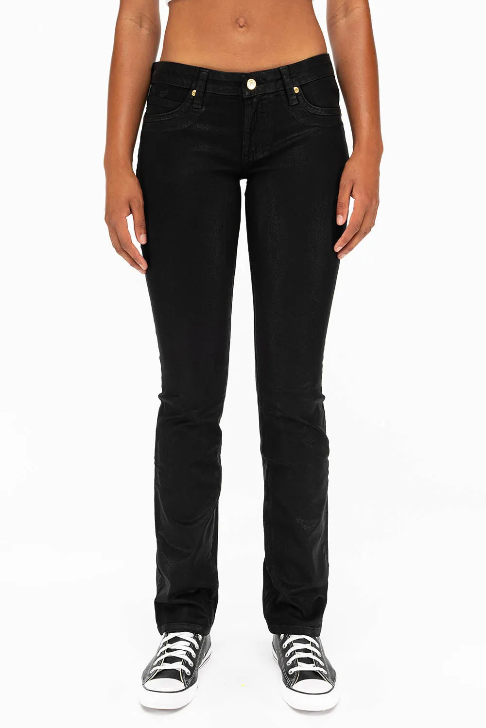 MARILYN LOW RISE WOMENS STRAIGHT LOW RISE JEANS IN BLACK COATING WITH TONAL WINGS