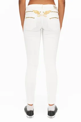 MARILYN LOW RISE WOMENS STUDDED SKINNY JEANS IN WHITE WITH GOLD WINGS AND GOLD STUDS AND CRYSTALS