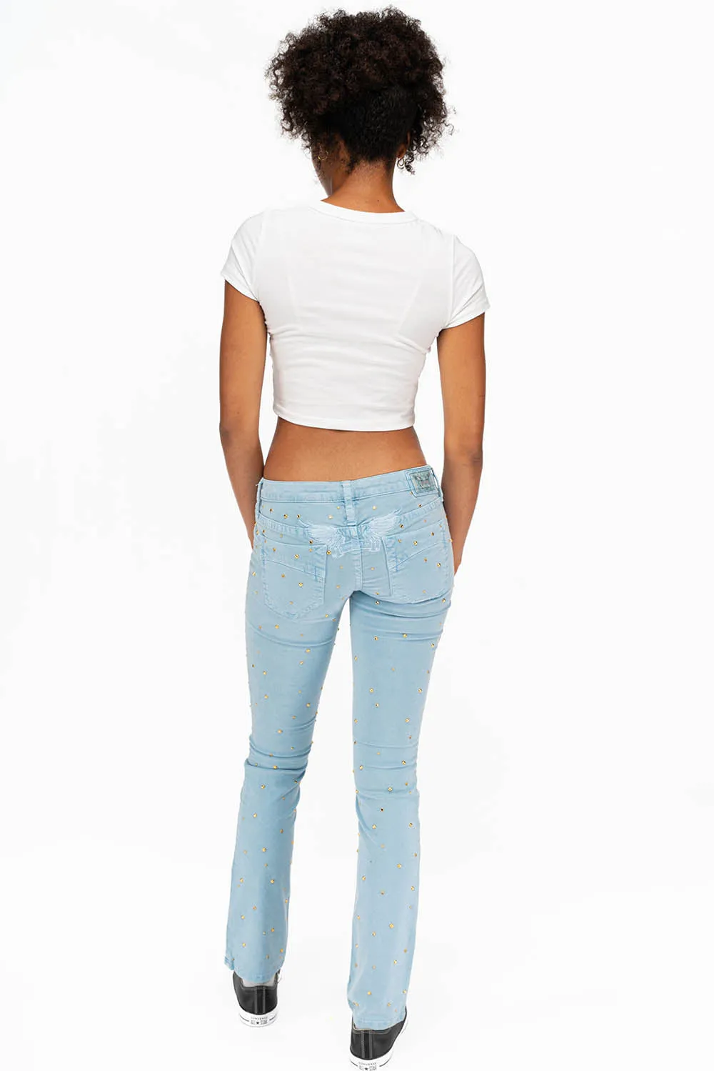 MARILYN LOW RISE WOMENS STUDDED STRAIGHT LEG JEANS IN DULL BLUE WITH TONAL WINGS AND CRYSTALS