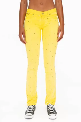 MARILYN LOW RISE WOMENS STUDDED STRAIIGHT LEG JEANS IN OIL YELLOW WITH TONAL WINGS AND CRYSTALS