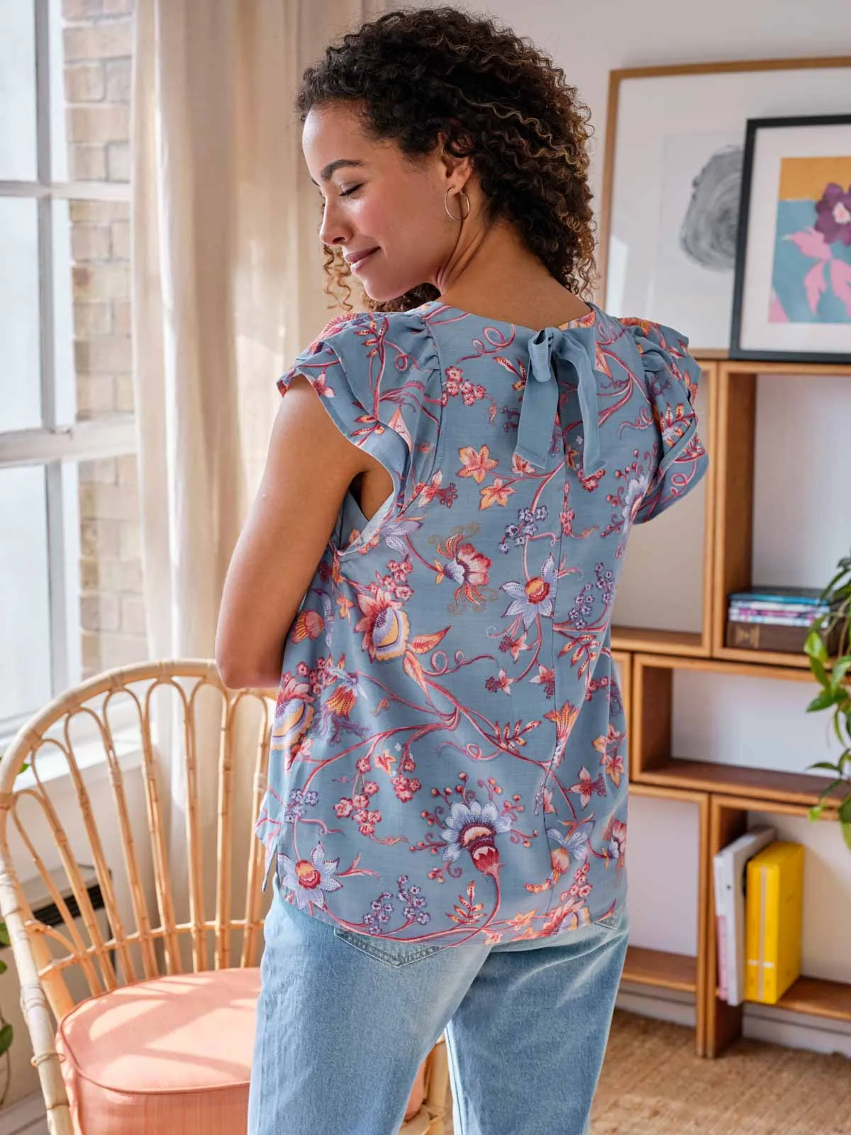 Meadow Tencel™ Frill Sleeve Floral Shell Top - Denim Blue