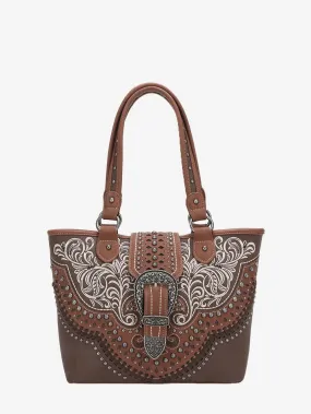 Montana West Vintage Floral Embroidered Buckle Studs Tote