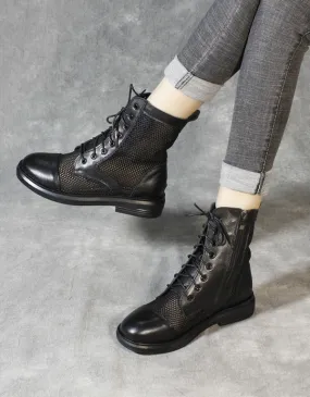 New Retro Leather Mesh Summer Black Boots