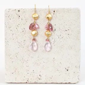 Pink Clear Quartz & Pink Tourmaline Gold Drop Earrings