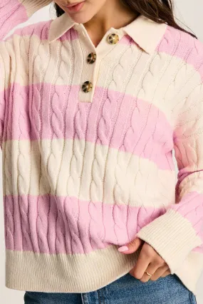 Pink Stripe Cable Knit Collared Henley Sweater