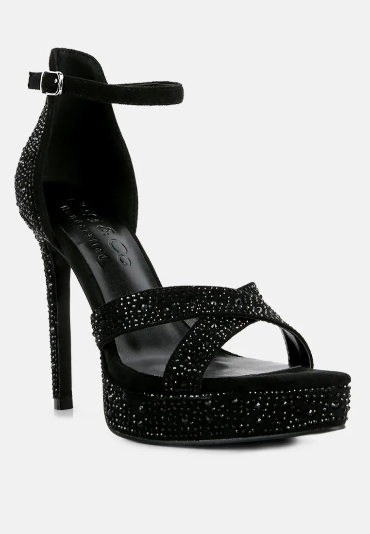 REGALIA Black Rhinestone Embellished Stiletto Sandals