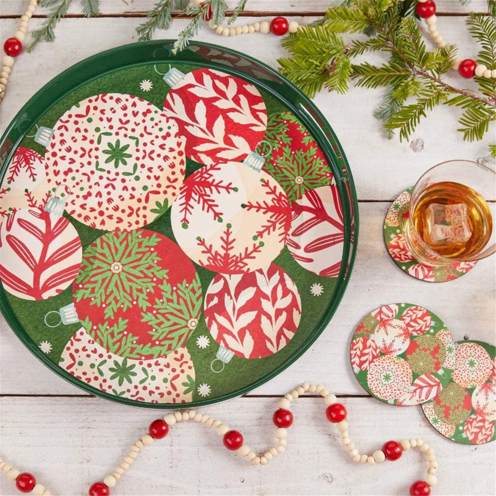 Scandi Ornaments Round Tray - 15 Inch Festive Design