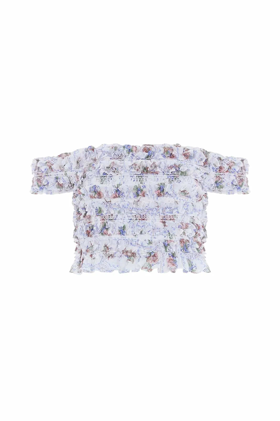 Tiled Blooms Chiffon Smocked Off-Shoulder Top