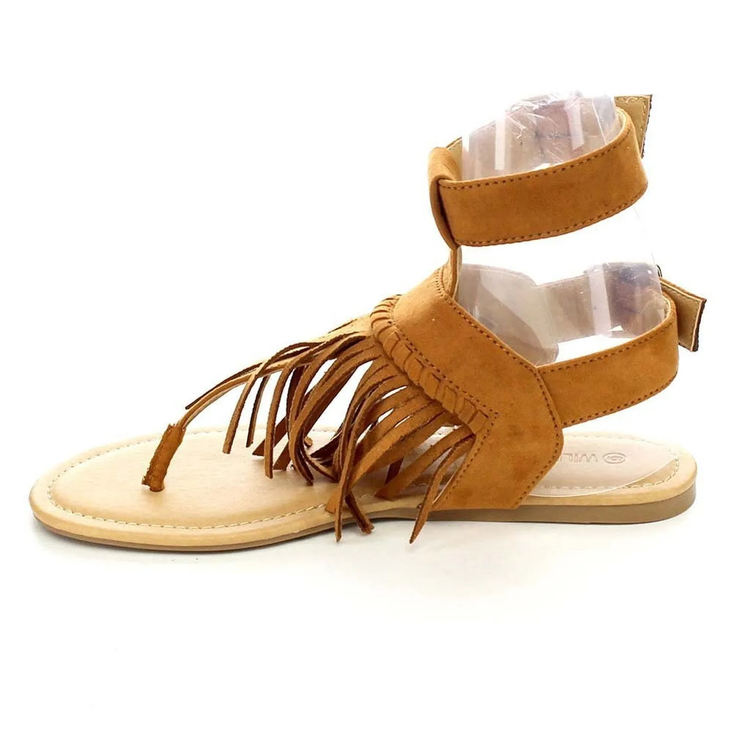 Womens T-strap Fringe Buckle Flat Thong Gladiator Sandals