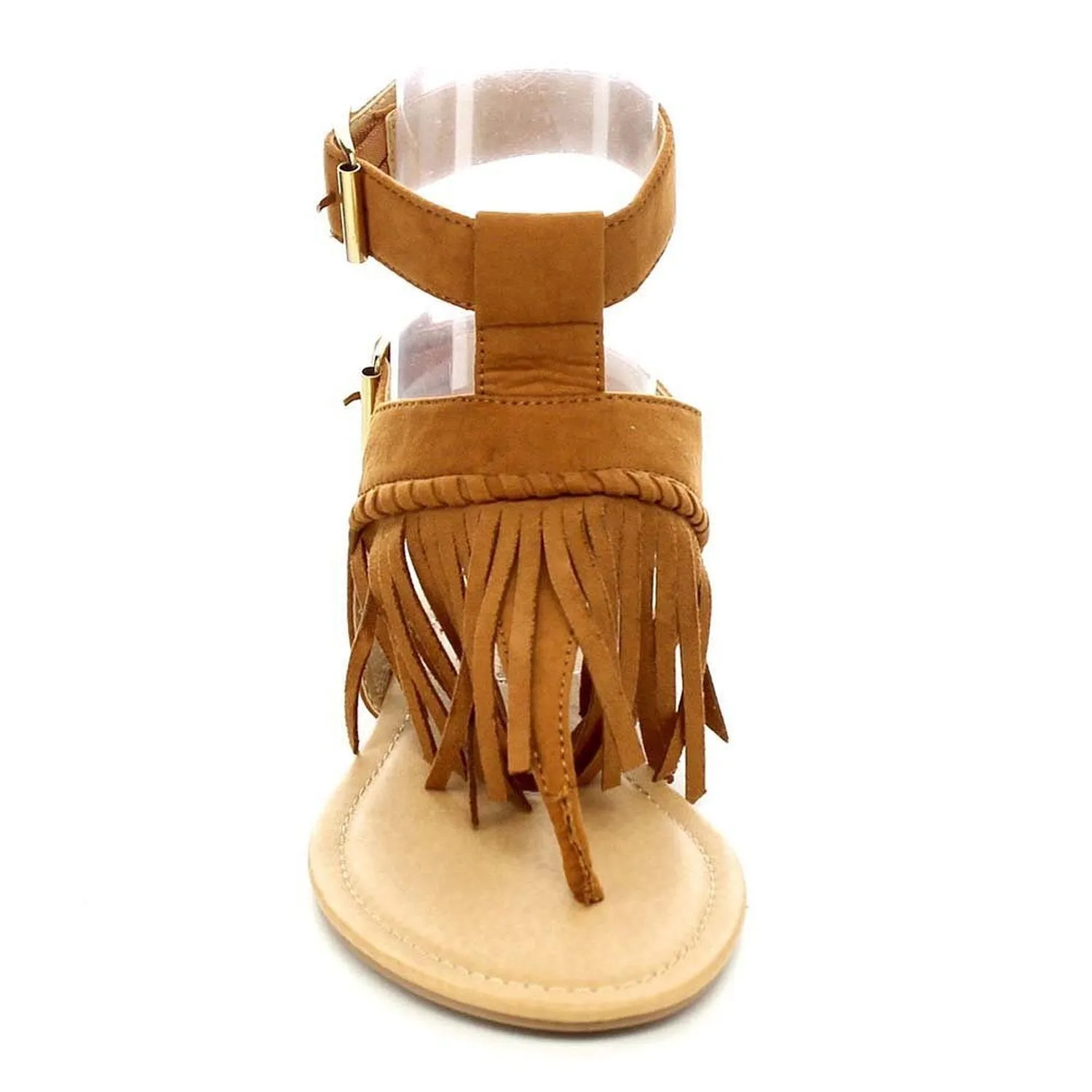 Womens T-strap Fringe Buckle Flat Thong Gladiator Sandals