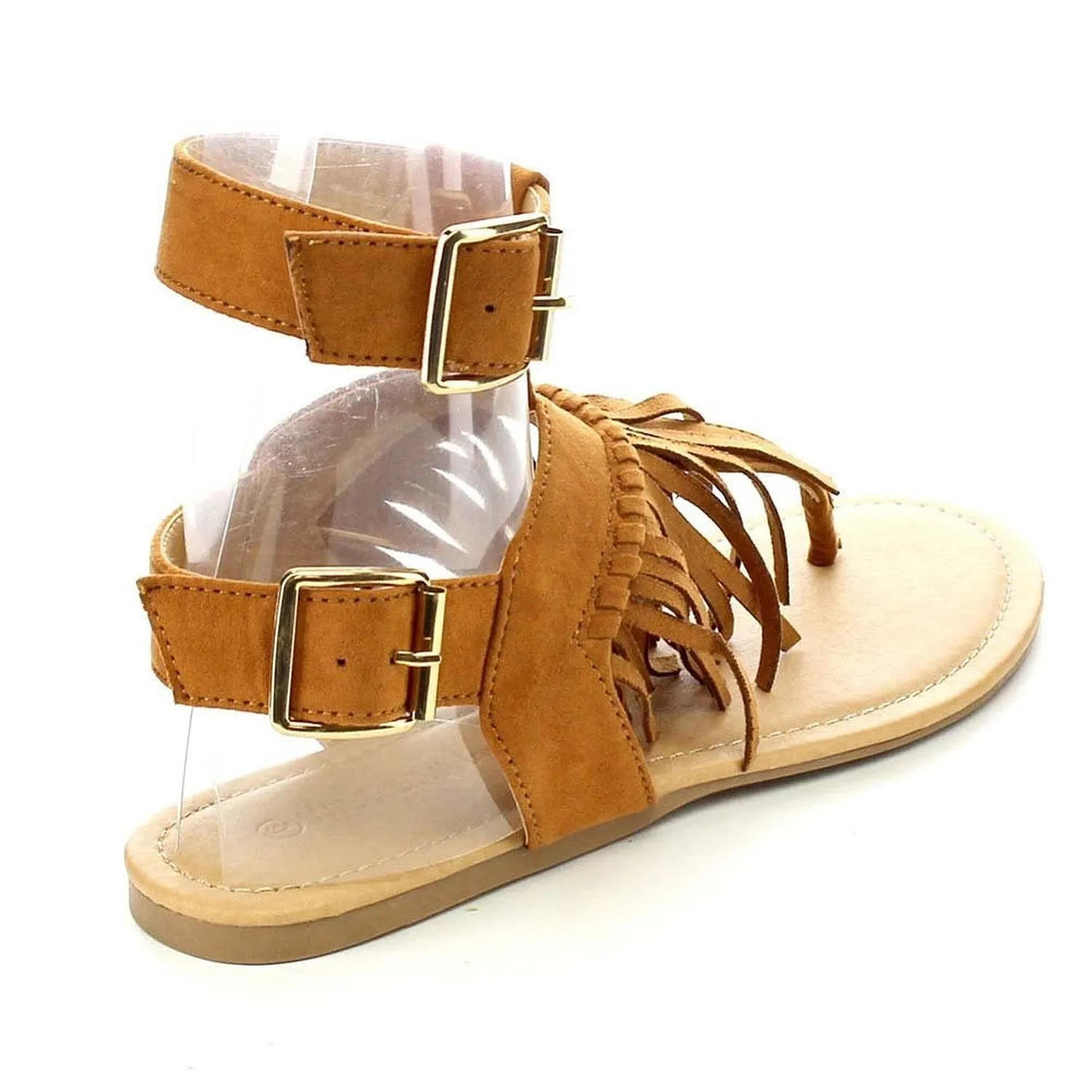 Womens T-strap Fringe Buckle Flat Thong Gladiator Sandals